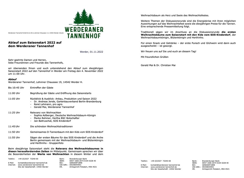Einladung zum Saisonstart auf dem Werderaner Tannenhof, Werder