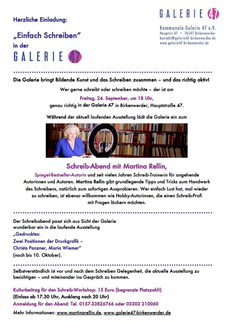 Schreib-Abend mit Martina Rellin, Werder Schreib-Abend mit Martina Rellin, Werder